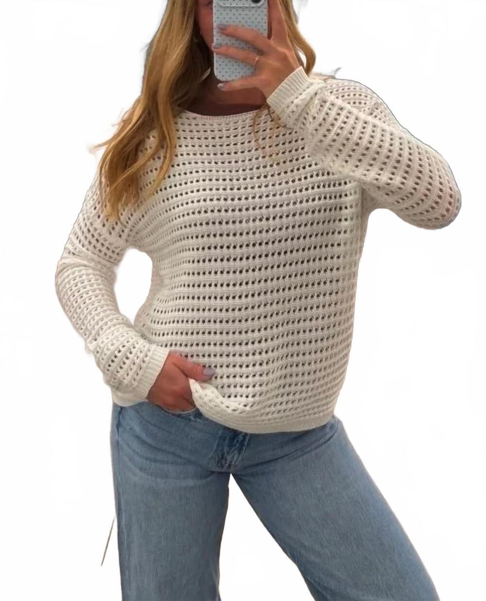 NEW STACCATO wide crew neck crochet pullover sweater in off white